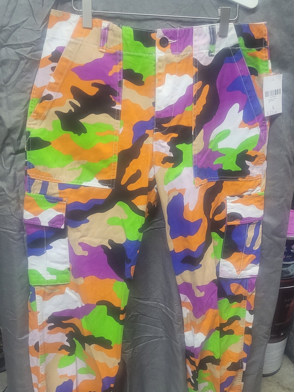 Women's Multicolor Camo Cargo Joggers - Neon Green, Purple & Orange